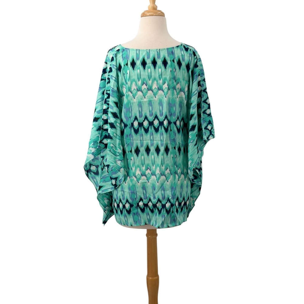 Chico's Womens Teal Blue Ikat Print Beaded V-Neck Kaftan Kimono Top L/XL - Picture 6 of 8
